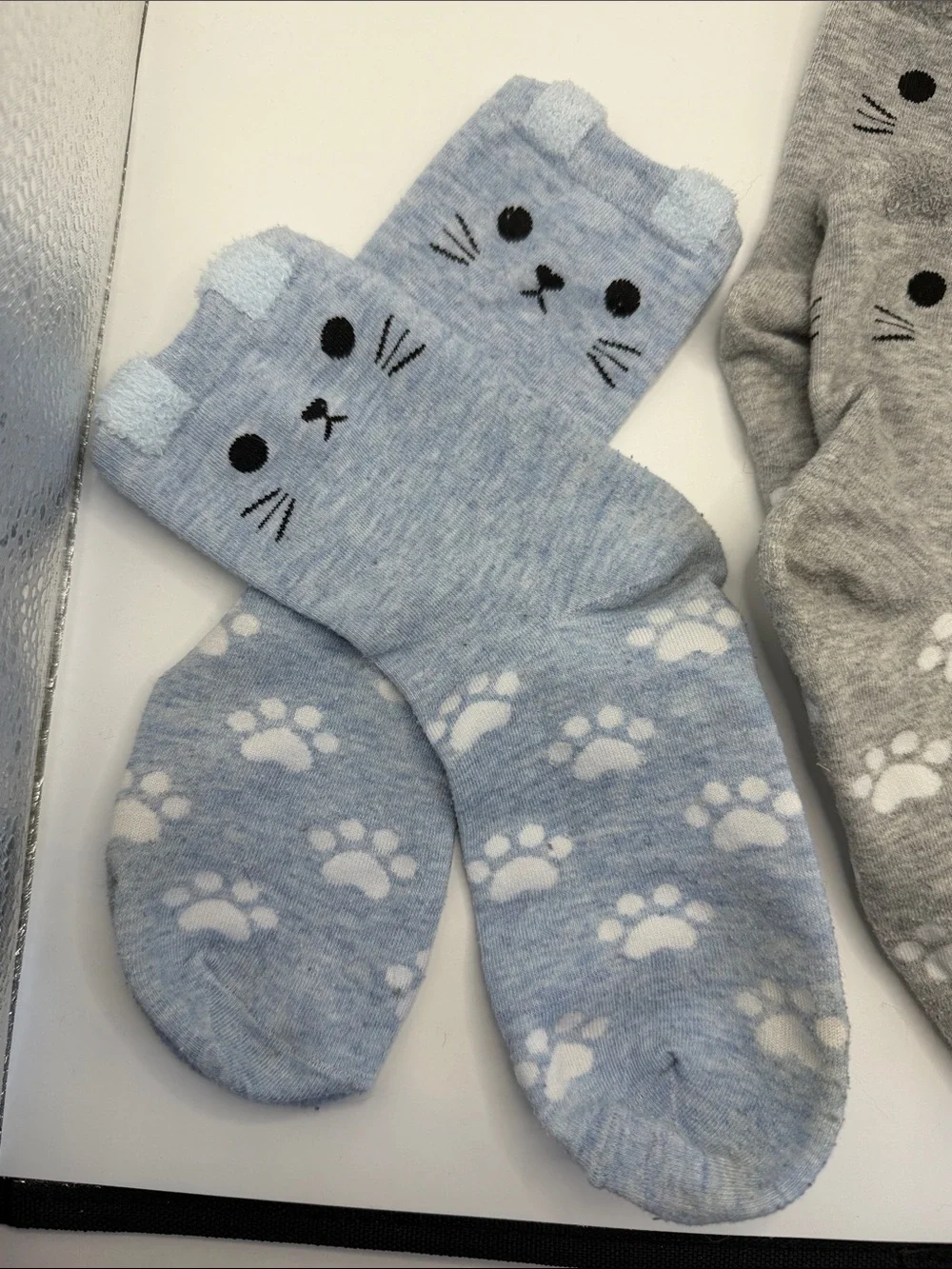 (SET OF 3) Cute Cat Face Crew Socks-- Set of 3: Blue, Gray, Black